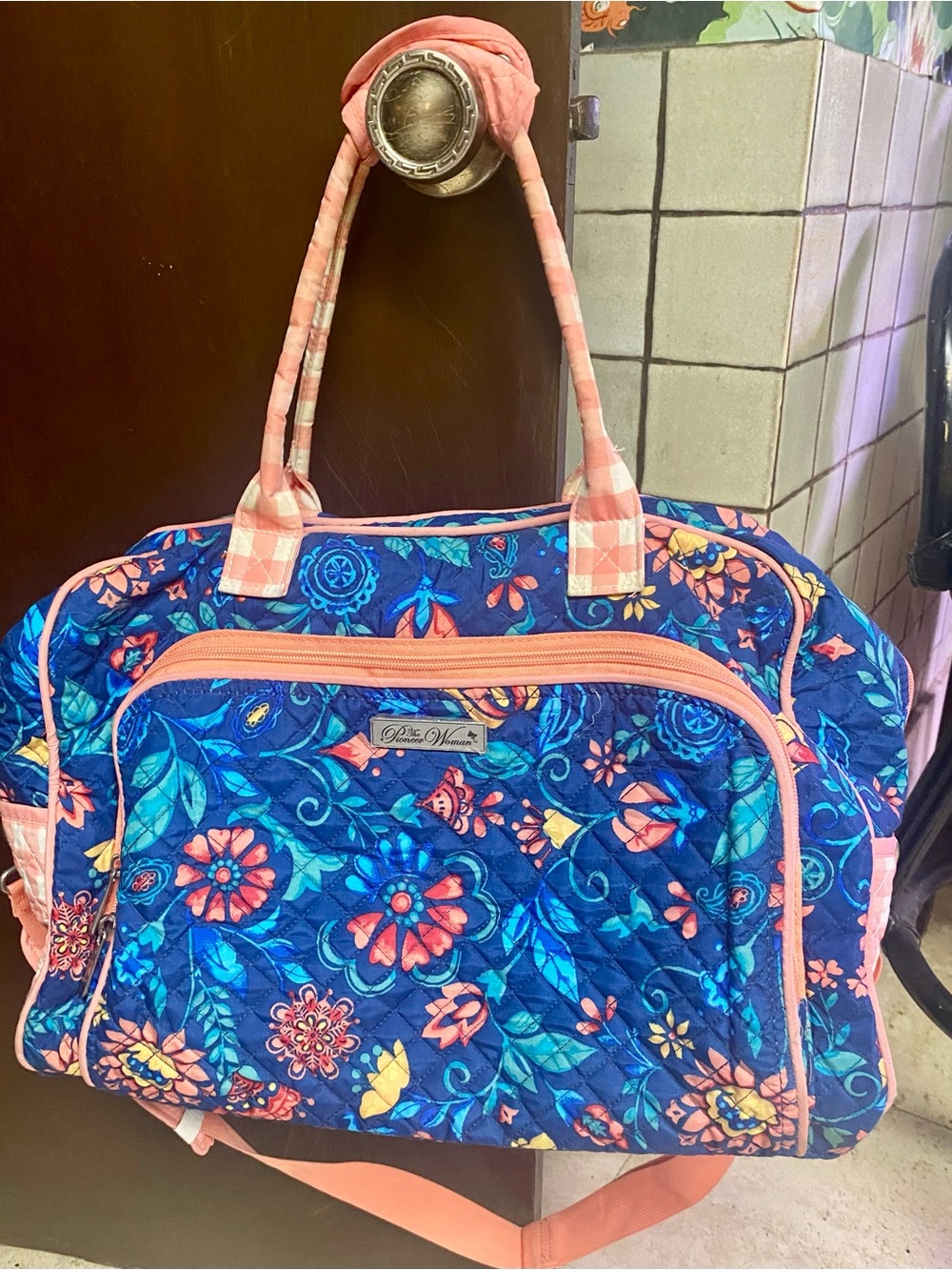 The Pioneer Woman Blue Floral Quilted Travel Bag with Pink Accents